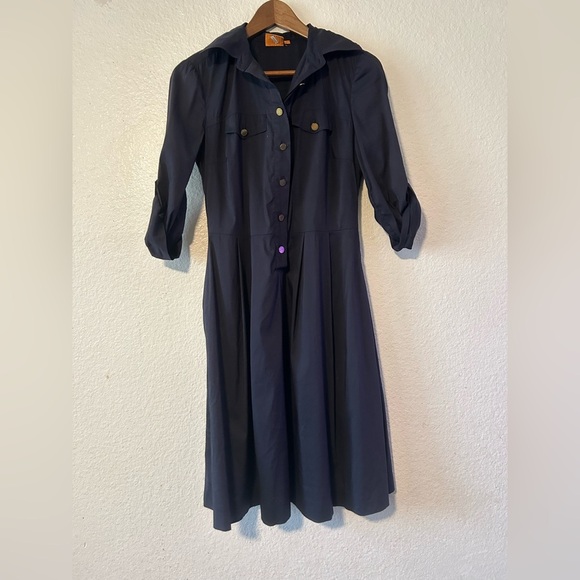 Tory Burch Dress Womens Sz 2 Navy Pleated Fit Flare Nautical Preppy Retro Button - Picture 11 of 16